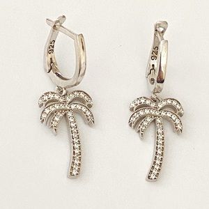 🌴925 Silver palm tree clear cubic zirconia cz stones dangling hoop earrings